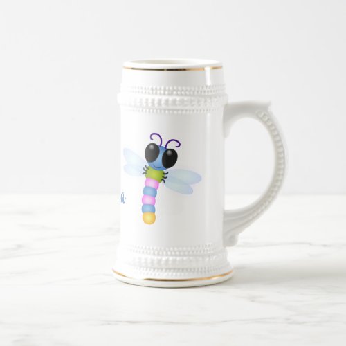 Cute blue and pink dragonfly cartoon illustration beer stein