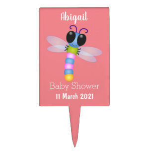 Cute blue and pink dragonfly cartoon illustration cake topper