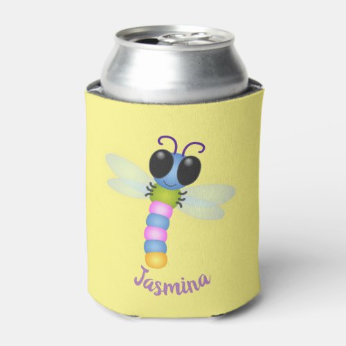 Cute blue and pink dragonfly cartoon illustration can cooler