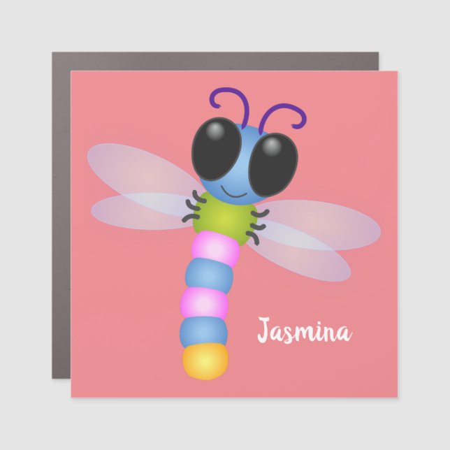 Cute blue and pink dragonfly cartoon illustration car magnet (Front)