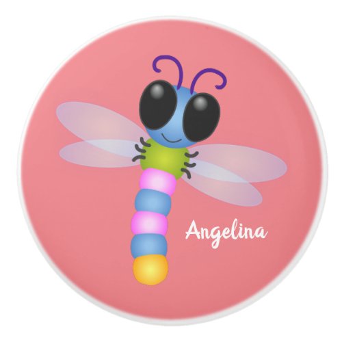 Cute blue and pink dragonfly cartoon illustration ceramic knob