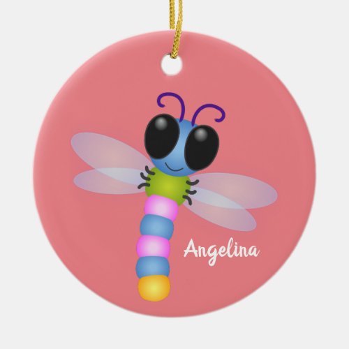 Cute blue and pink dragonfly cartoon illustration ceramic ornament