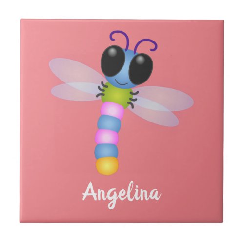 Cute blue and pink dragonfly cartoon illustration ceramic tile