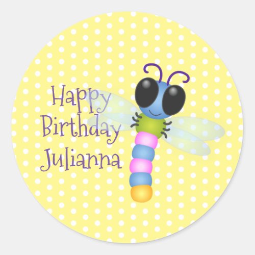 Cute blue and pink dragonfly cartoon illustration classic round sticker