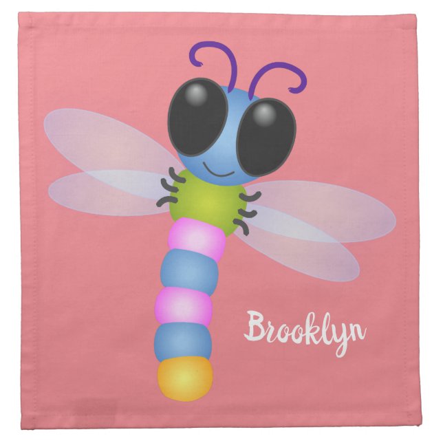 Cute blue and pink dragonfly cartoon illustration cloth napkin (Front)