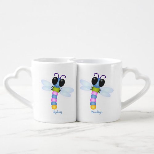 Cute blue and pink dragonfly cartoon illustration coffee mug set