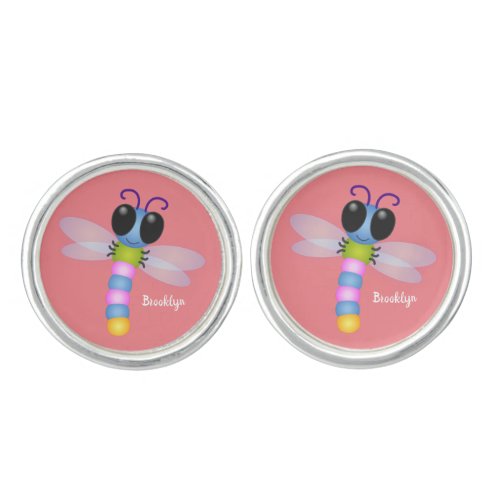 Cute blue and pink dragonfly cartoon illustration cufflinks