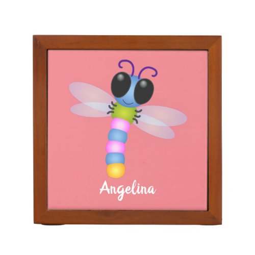 Cute blue and pink dragonfly cartoon illustration desk organizer