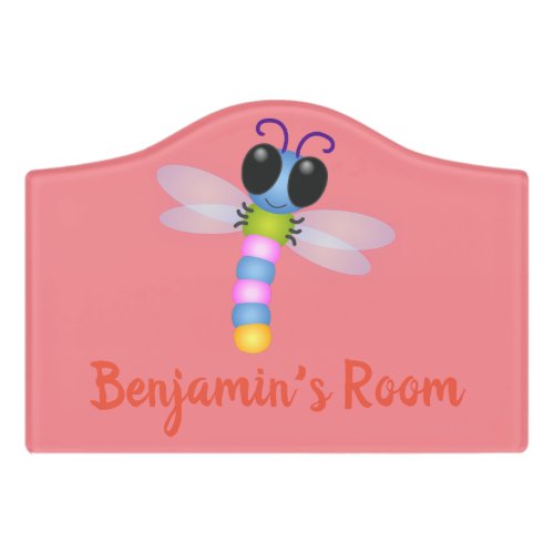 Cute blue and pink dragonfly cartoon illustration door sign