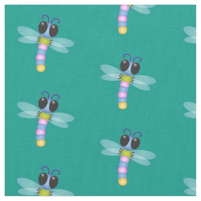 Cute blue and pink dragonfly cartoon illustration fabric (Close Up)