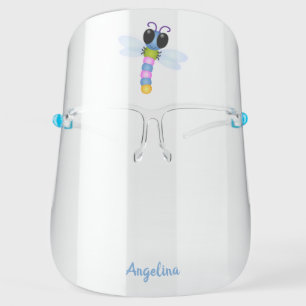 Cute blue and pink dragonfly cartoon illustration face shield