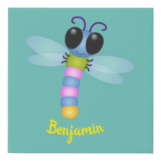 Cute blue and pink dragonfly cartoon illustration faux canvas print (Front)