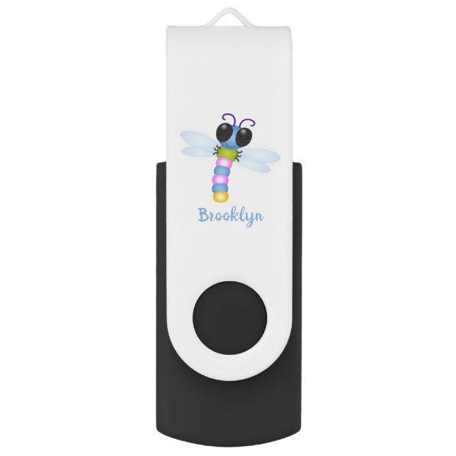 Cute blue and pink dragonfly cartoon illustration flash drive (Front Vertical)
