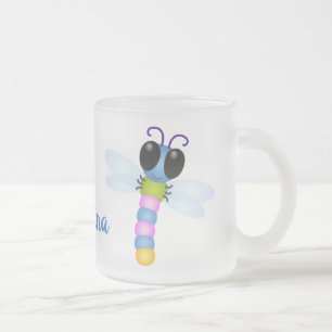 Cute blue and pink dragonfly cartoon illustration frosted glass coffee mug