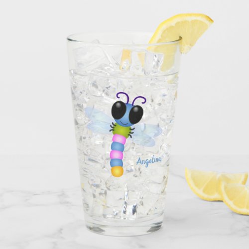 Cute blue and pink dragonfly cartoon illustration glass