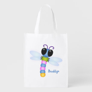 Cute blue and pink dragonfly cartoon illustration grocery bag