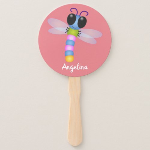 Cute blue and pink dragonfly cartoon illustration hand fan