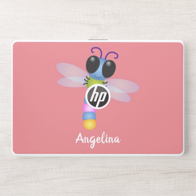 Cute blue and pink dragonfly cartoon illustration HP laptop skin (Front)