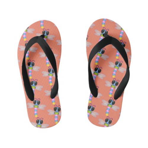 Cute blue and pink dragonfly cartoon illustration kids flip flops