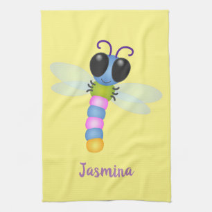 Cute blue and pink dragonfly cartoon illustration kitchen towel