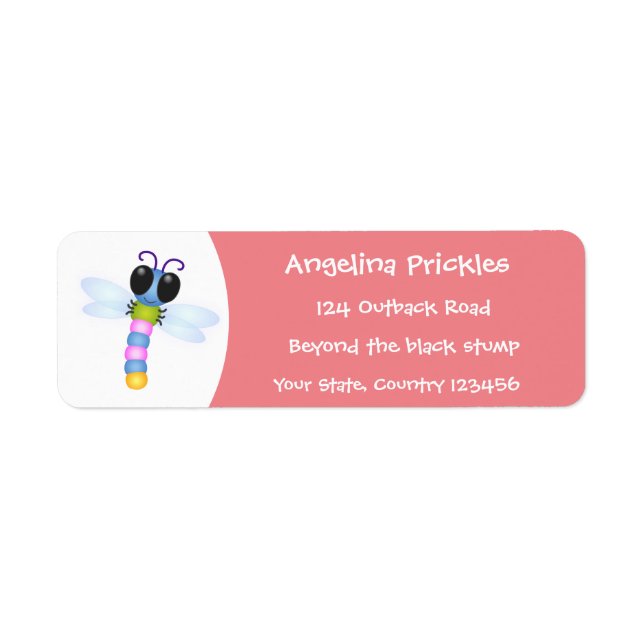 Cute blue and pink dragonfly cartoon illustration label (Front)