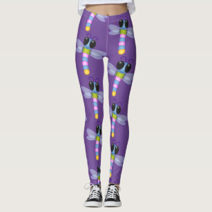 Cute blue and pink dragonfly cartoon illustration leggings