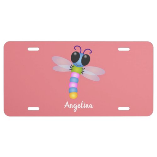 Cute blue and pink dragonfly cartoon illustration license plate