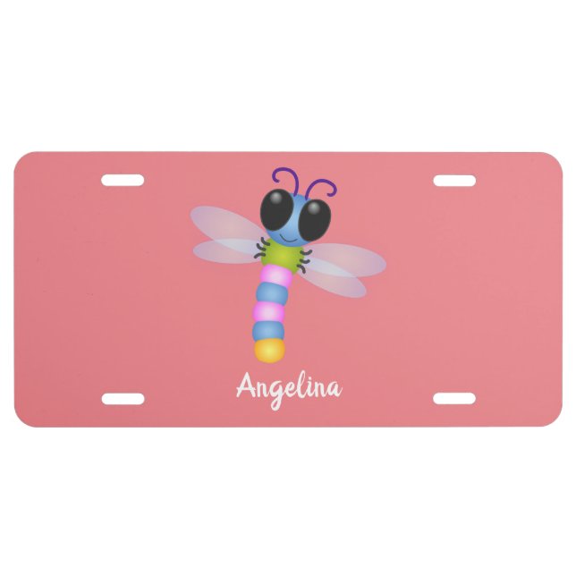 Cute blue and pink dragonfly cartoon illustration license plate (Front)