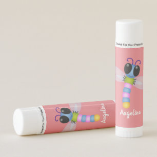 Cute blue and pink dragonfly cartoon illustration lip balm