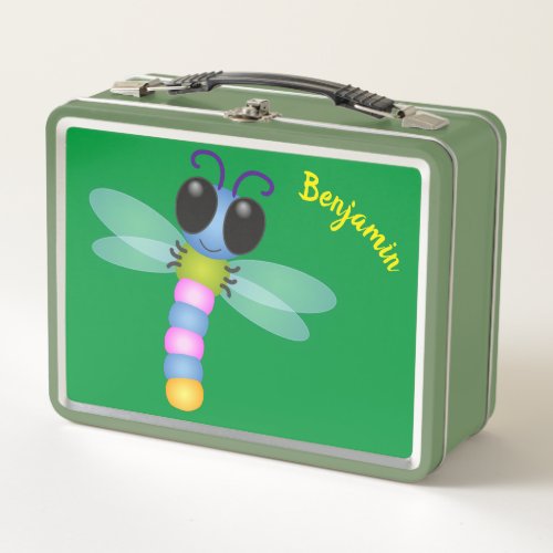 Cute blue and pink dragonfly cartoon illustration metal lunch box