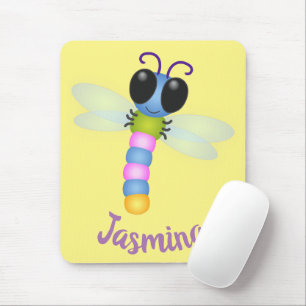 Cute blue and pink dragonfly cartoon illustration mouse pad