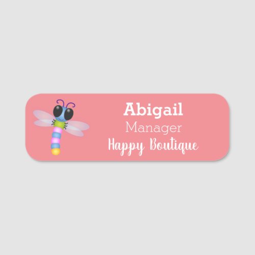 Cute blue and pink dragonfly cartoon illustration  name tag