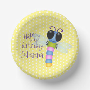 Cute blue and pink dragonfly cartoon illustration paper bowls