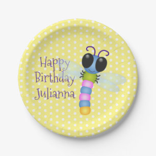 Cute blue and pink dragonfly cartoon illustration paper plates