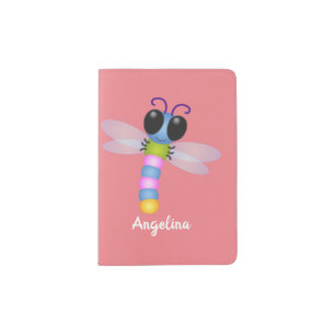 Cute blue and pink dragonfly cartoon illustration passport holder