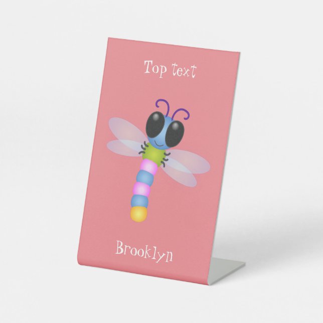 Cute blue and pink dragonfly cartoon illustration pedestal sign (Front)