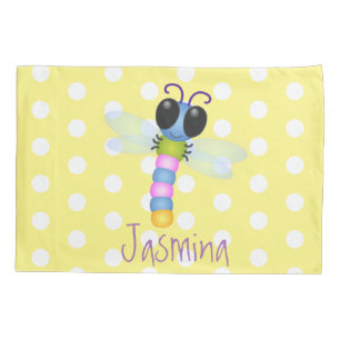 Cute blue and pink dragonfly cartoon illustration pillow case