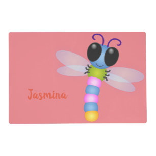 Cute blue and pink dragonfly cartoon illustration placemat