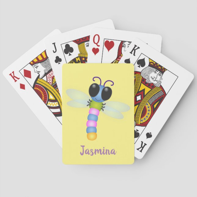 Cute blue and pink dragonfly cartoon illustration poker cards (Back)