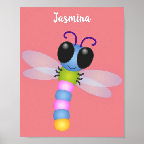 Cute blue and pink dragonfly cartoon illustration poster