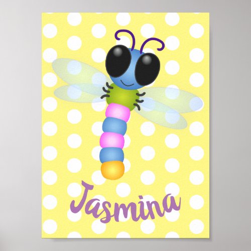 Cute blue and pink dragonfly cartoon illustration poster