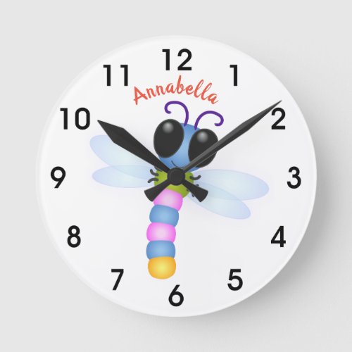 Cute blue and pink dragonfly cartoon illustration round clock