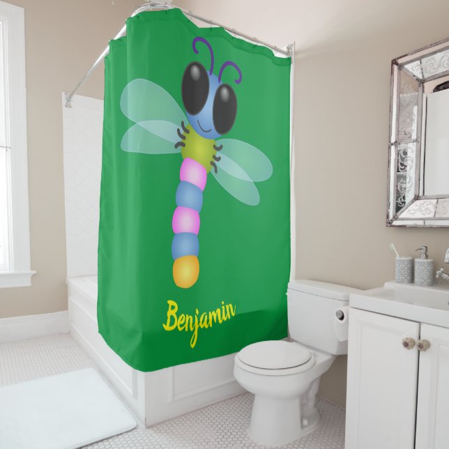 Cute blue and pink dragonfly cartoon illustration shower curtain (In Situ)