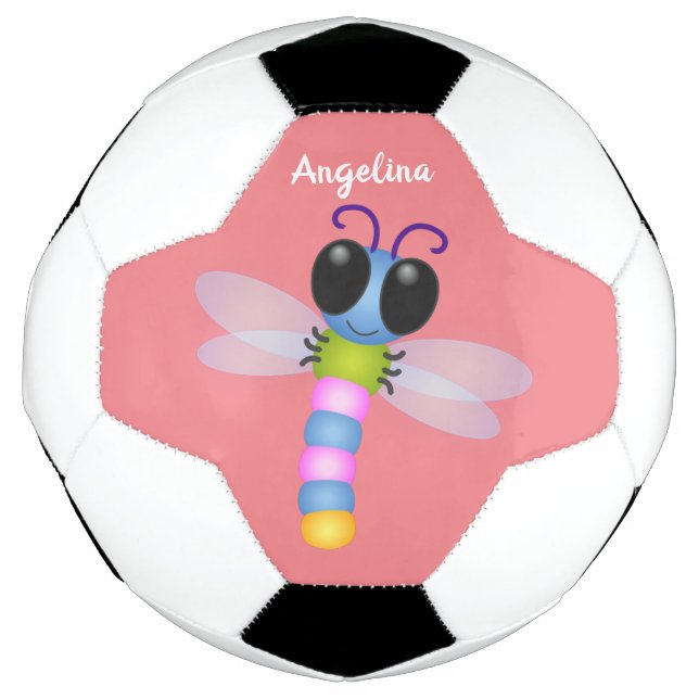 Cute blue and pink dragonfly cartoon illustration soccer ball (Front)