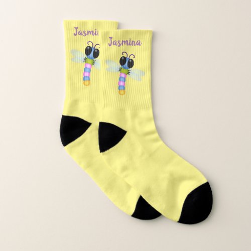 Cute blue and pink dragonfly cartoon illustration socks