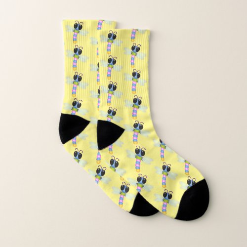 Cute blue and pink dragonfly cartoon illustration socks