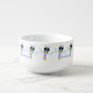 Cute blue and pink dragonfly cartoon illustration soup mug