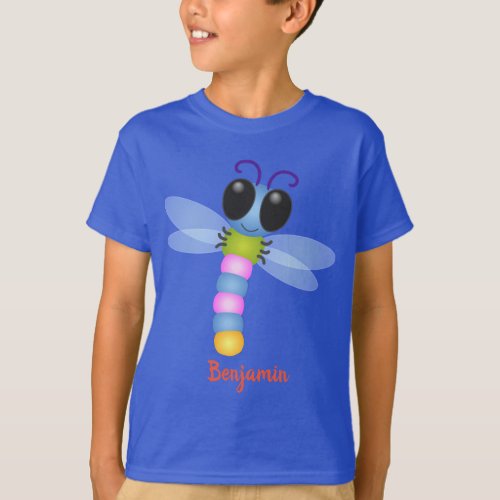 Cute blue and pink dragonfly cartoon illustration T_Shirt