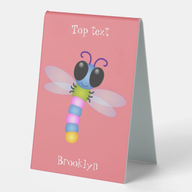 Cute blue and pink dragonfly cartoon illustration table tent (Front)
