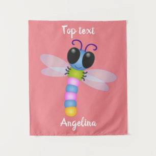 Cute blue and pink dragonfly cartoon illustration tapestry